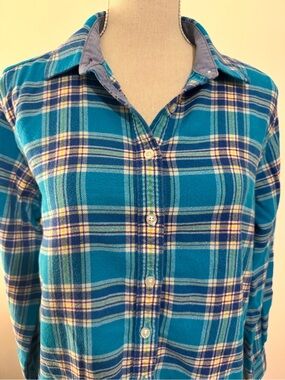 Lands’ End Button Down Flannel Shirt Teal Blue 100% Cotton Plaid Size L 14/16
